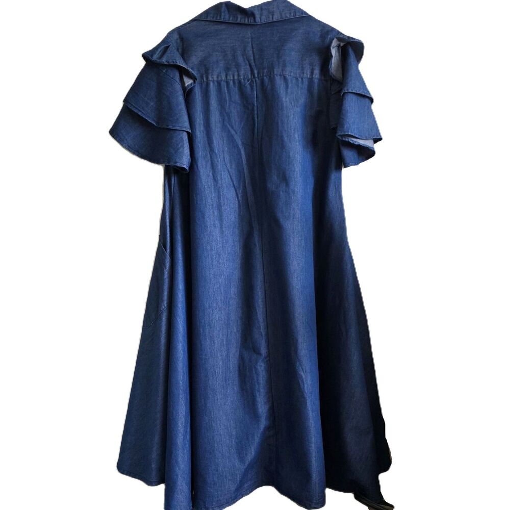 Step In Style Denim Dress M Blue Chambray Tiered Ruffle Sleeve High Low Boho - Picture 3 of 8